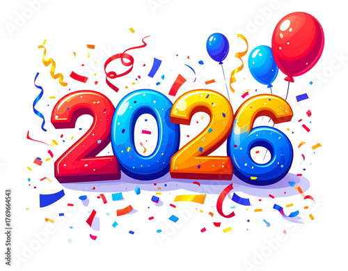  Vibrant 2026 Typography with Party Confetti and Balloons.