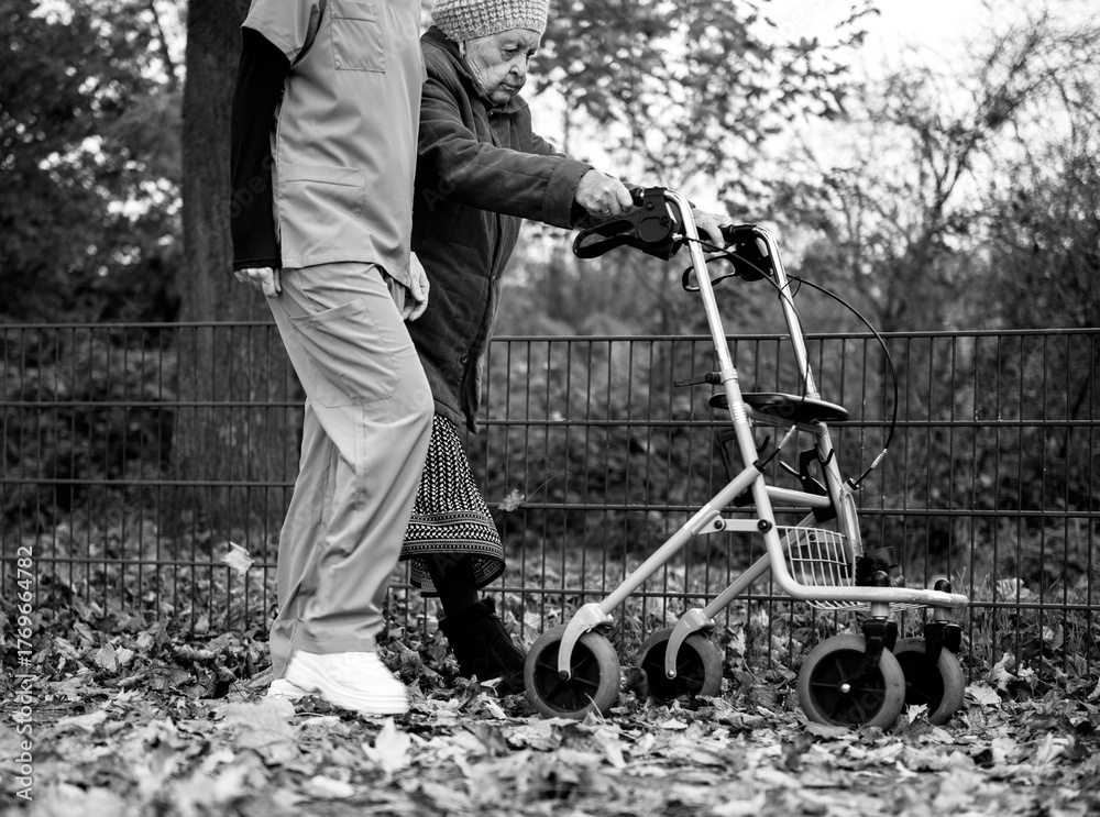 Obraz premium Elderly woman taking a walk through the park in autumn with help of walker and caretaker aid