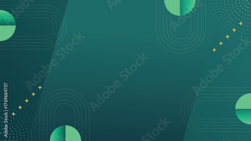 Dark Teal Green Abstract Background With Memphis Style Geometric Shapes And Retro Modern Minimalist Design Pattern