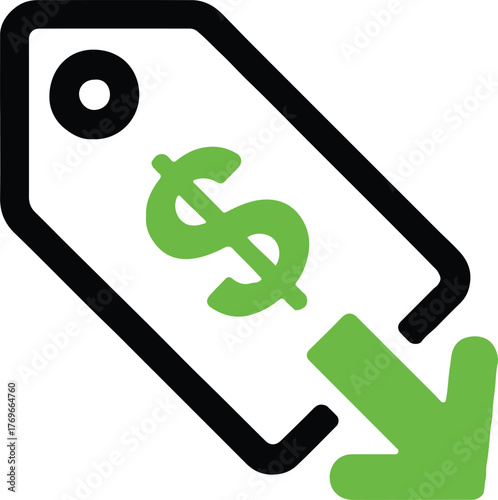 editable vector dollar pricetag icon with downward arrow representing cost reduction discount sale and promotional use