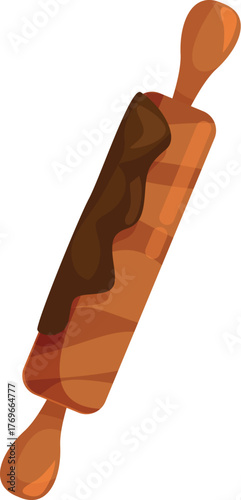 Wooden rolling pin covered with melted chocolate, a kitchen utensil used for preparing dough or pastries