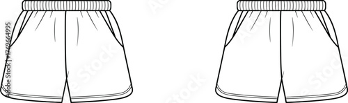 Elastic-waist shorts technical sketch, side pockets and center seam, front view illustration, fashion flat vector, garment construction layout, clothing design template