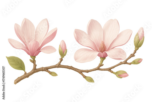 Pink magnolia flowers blooming on branch, delicate floral botanical illustration, transparent background