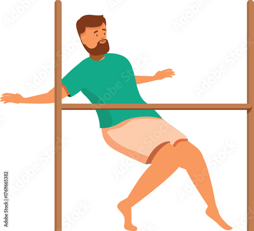 Bearded man playing limbo, bending backwards and trying to walk under a wooden stick without falling