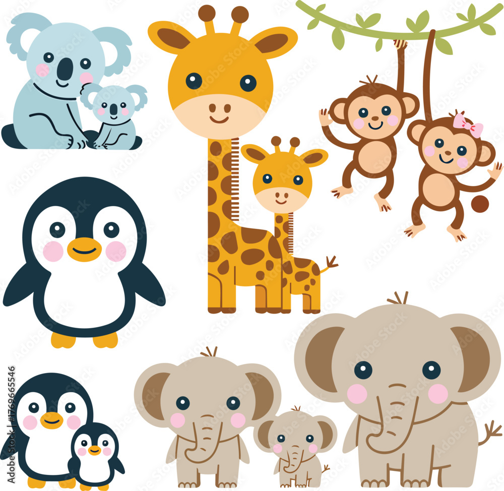 Obraz premium Cute Cartoon Animals Set with Koala Giraffe Penguin Monkey Elephant vector