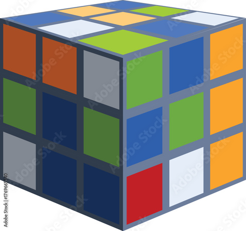 Multicolored cube puzzle with some scrambled colors on white background
