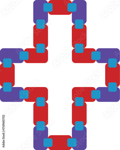 Red and purple rounded rectangles are interlocking, forming a christian cross on a white background