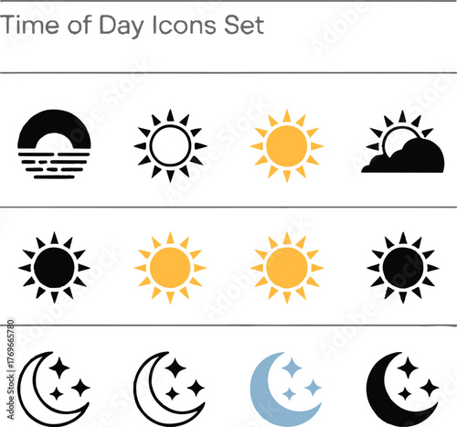 time of day icons set minimalist vector suns moons clouds for weather ui app and schedule design