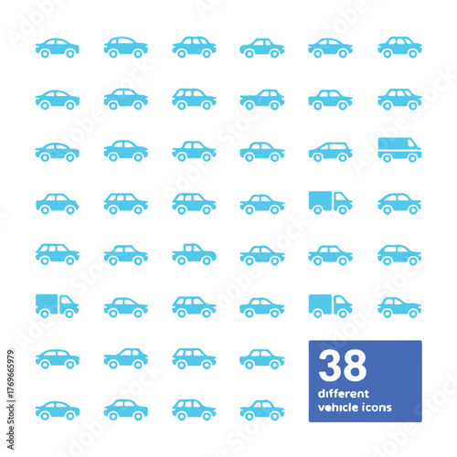 blue vehicle icons set flat transportation silhouettes sedan suv truck van bus pickup camper for ui and print