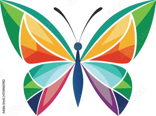 Colorful geometric butterfly logo with abstract wing patterns vector illustration EPS file download.

