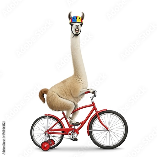 A funny llama with a long neck is riding a red bicycle with training wheels isolated on white background, wearing a colorful helmet and looking forward