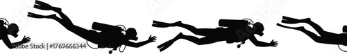 Scuba diver silhouette set, underwater swimming positions, black vector illustration, diving gear outline, aquatic activity graphic, marine sports icon collection