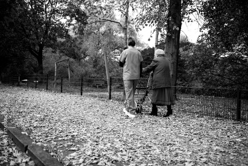 Elderly woman taking a walk through the park in autumn with help of walker and caretaker aid
