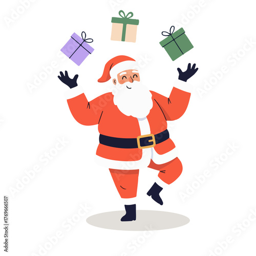Happy Santa Claus juggling colorful Christmas presents in a festive illustration.