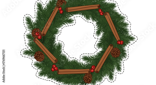 Lush noble fir wreath with cinnamon sticks and red berries  