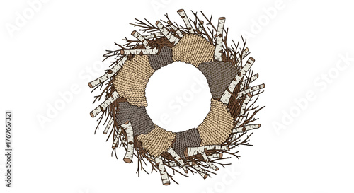 Birch branch wreath with cozy knitted texture for seasonal decor  