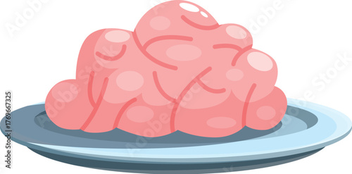 Cartoon pink brain on a gray plate, representing food for zombies, ideal for halloween celebrations