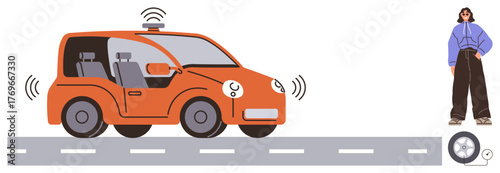 Orange self-driving car with sensors on road emitting signals, woman observing. Ideal for technology, transportation innovation, AI, mobility, safety, future tech automation. Simple flat metaphor