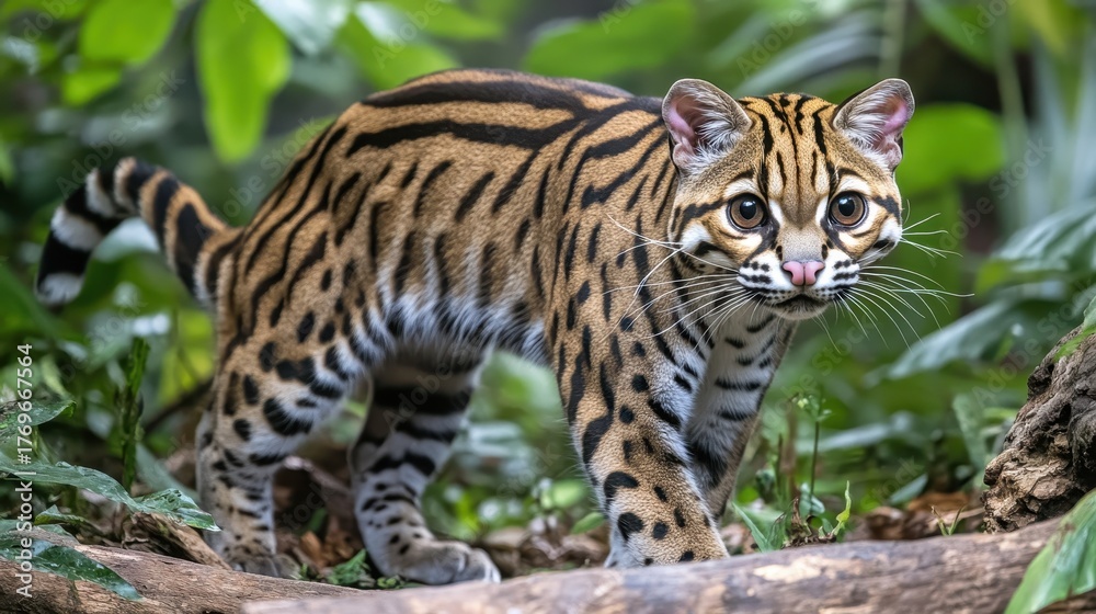 Obraz premium Ocelot stalking silently with spotted coat in green environment