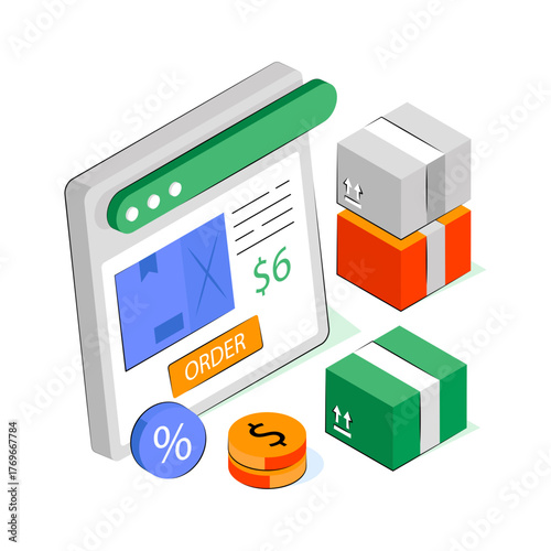 Conceptual isometric design illustration of online parcel order 