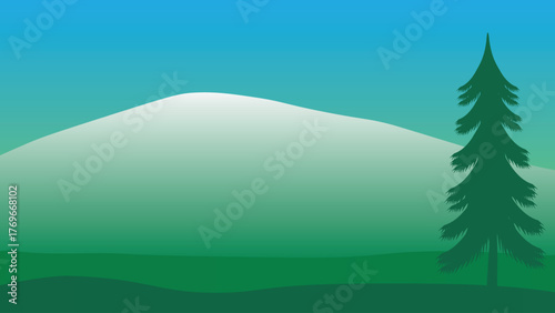 Winter landscape background with green mountains and fog.