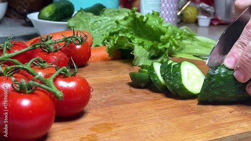 A man's hand slices a ripe cucumber on a wooden board. Slow motion.