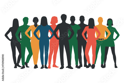 Diverse group of people standing with hands on hips in silhouette form