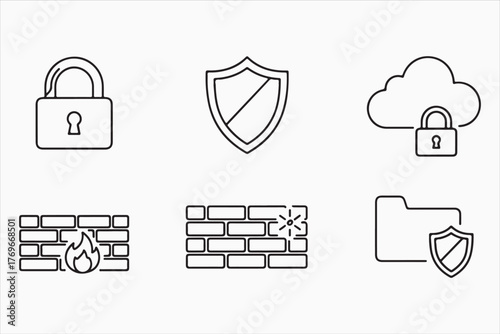 Set of security and protection icons these icons represent data privacy, firewall, and cloud security measures