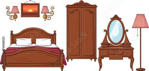 Classic bedroom furniture set, ornate wooden bed, vanity, wardrobe, lamp, wall art and sconces illustration for vintage interior decor inspiration