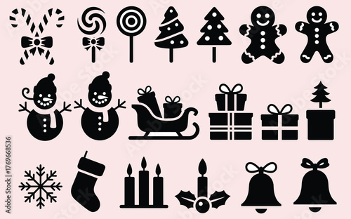 Christmas silhouette icon set, festive black holiday elements on pink background, candy, tree, gift, snowman, candle, gingerbread, bell illustration