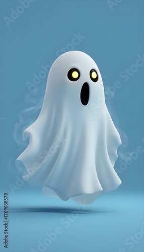 Playful Floating Cartoon Ghost Character with Glowing Eyes - Cute White Sheet Spirit on Soft Blue Background, Digital Illustration for Halloween and Kids Design