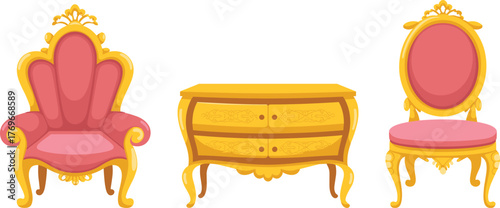 Elegant pink and gold furniture set, ornate armchair, dresser, and side chair illustration for vintage interior decor, royal home design inspiration
