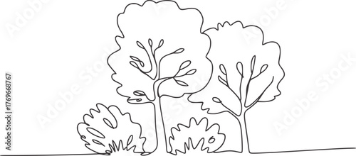 Minimalist line drawing of trees and bushes nature black and white