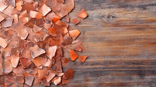 Scattered Oxidized Copper Shards on a Wooden Surface