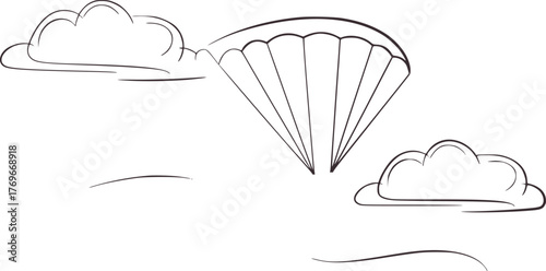 Minimalist parachute descending through clouds skydiving descent