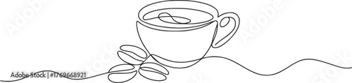 Minimalist single line drawing coffee cup with beans coffee beans line art
