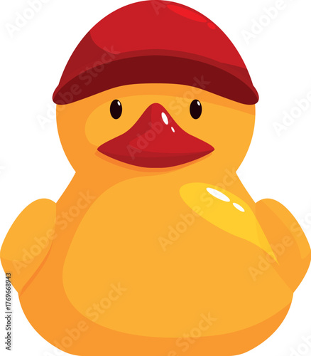 Cute yellow rubber duck wearing a red hat, perfect for bath time fun