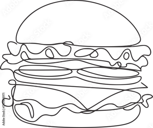 Minimalist single line drawing of a layered hamburger food line art