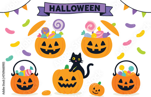 Halloween candy pumpkin illustration, festive jack-o'-lantern containers with sweets, black cat, banner, colorful decor for spooky celebration design