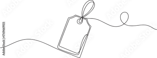 Single line drawing of a blank gift tag with string label