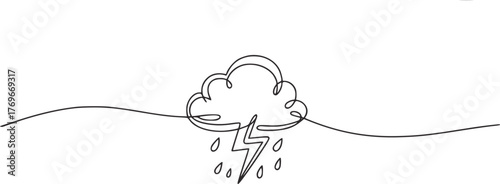 Storm cloud lightning rain drops single line drawing vector