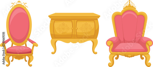 Regal vintage furniture set, pink upholstered armchairs, golden carved cabinet, ornate legs, luxurious interior decor, classic style, vector illustration asset