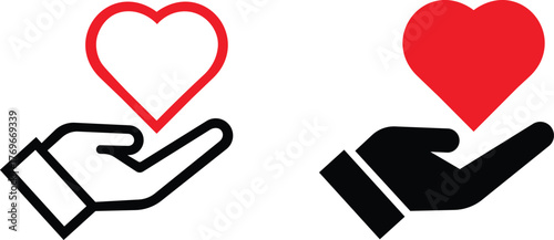Heart in hands symbols. Heart in hand vector icons set. Hands holding heart icon. Vector Illustration !