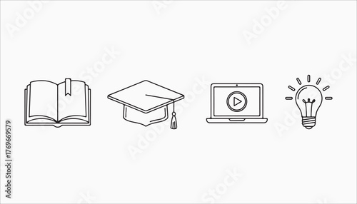 A collection of educational icons including a book, graduation cap, laptop, and light bulb