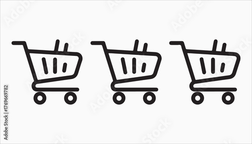 Three shopping cart icons in a row, representing online shopping, ecommerce, and retail, easy to use and customize