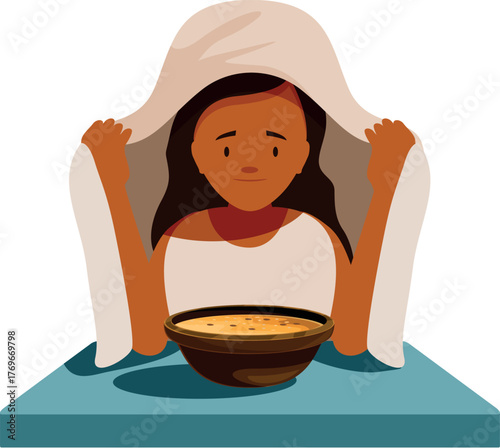 Woman holding towel over head, steaming face over bowl of hot water for beauty treatment