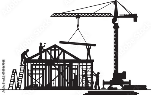 "Silhouette of Construction Workers Building Wooden House Frame with Crane – Editorial Concept"