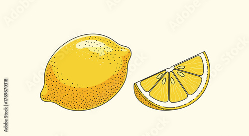Whole yellow lemon and a slice of lemon on a pale yellow background.