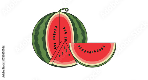 A whole watermelon, partially sliced to reveal its red flesh and black seeds, accompanied by a separate crescent slice and a triangular wedge.