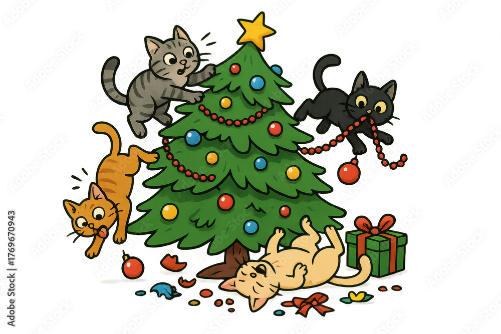 Fototapeta premium Cats causing christmas chaos, playing mischievously, climbing and demolishing a festive holiday tree